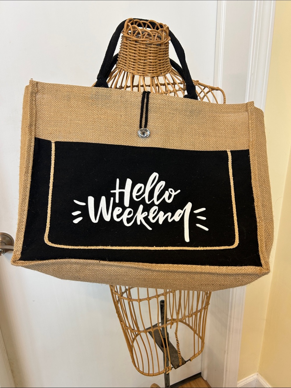 Hello Weekend Black & Natural Tote Bag